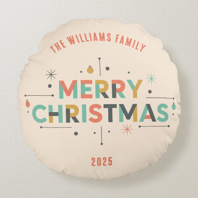 Mid-Century Merry Christmas – Retro Style Rundes Kissen (Vorderseite)