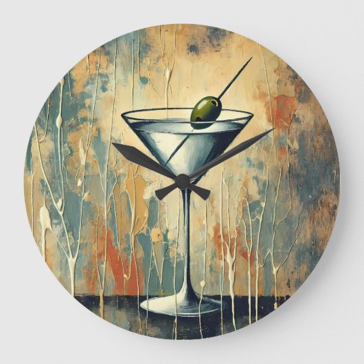 Mid Century Mixed Media Martini Art Große Wanduhr (Vorderseite)