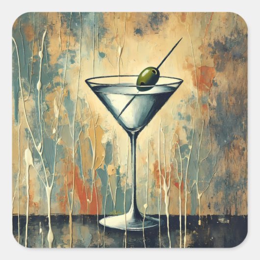 Mid Century Mixed Media Martini Art Quadratischer Aufkleber (Vorderseite)