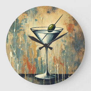 Mid Century Mixed Media Martini Kunst Große Wanduhr