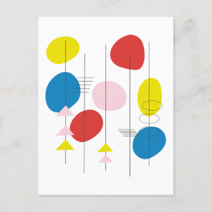 Mid-Century-Mod-Atomkunst in Rot, Gelb und Blau Postkarte