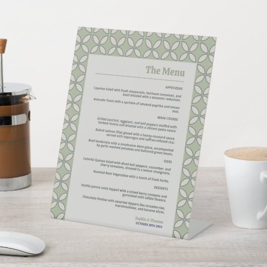 Mid Century Mod Retro Wedding Olive Green Menu Sockelschild (In SItu)