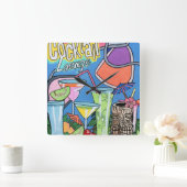 Mid Century Mod Tropical Tiki Lounge painting on a Quadratische Wanduhr (Zuhause)