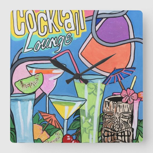 Mid Century Mod Tropical Tiki Lounge painting on a Quadratische Wanduhr (Vorderseite)