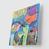 Mid Century Mod Tropical Tiki Lounge painting on a Quadratische Wanduhr (Winkel)
