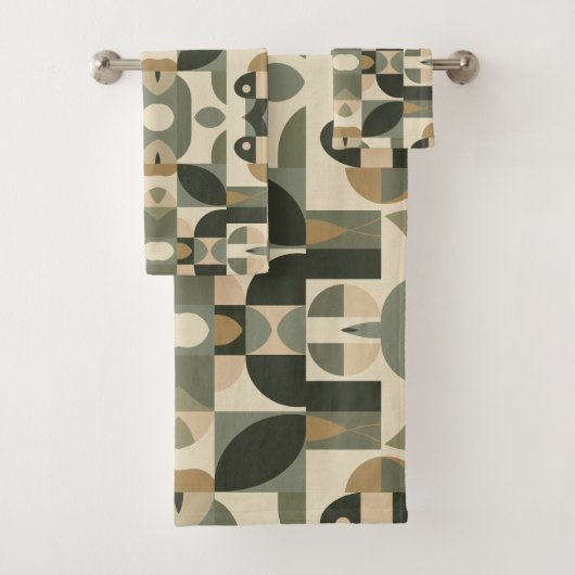 Mid Century Modern Abstraktes Muster Sagegrün Badhandtuch Set (Insitu)