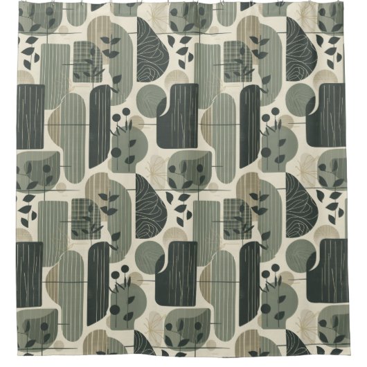 Mid Century Modern Abstraktes Muster Sagegrün Duschvorhang (Vorderseite)