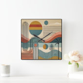Mid Century Modern Art Beach Sunrise Quadratische Wanduhr (Zuhause)