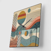 Mid Century Modern Art Beach Sunrise Quadratische Wanduhr (Winkel)