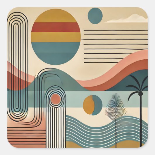 Mid Century Modern Art Beach Sunrise Quadratischer Aufkleber (Vorderseite)