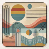 Mid Century Modern Art Beach Sunrise Rechteckiger Pappuntersetzer (Vorderseite)
