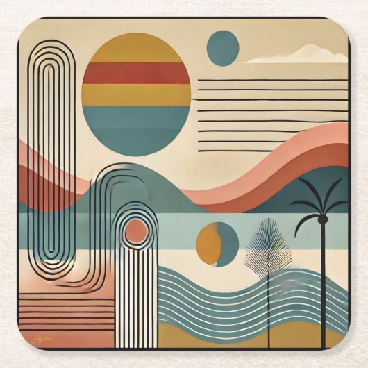 Mid Century Modern Art Beach Sunrise Rechteckiger Pappuntersetzer (Vorderseite)