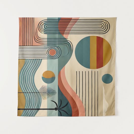 Mid Century Modern Art Beach Sunrise Wandteppich (Vorderseite (Horizontal))