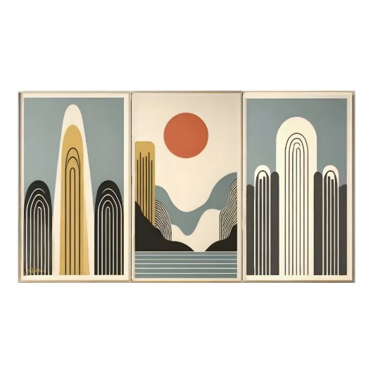 Mid Century Modern Art Mountain Lake Sunrise Fotodruck (Vorne)