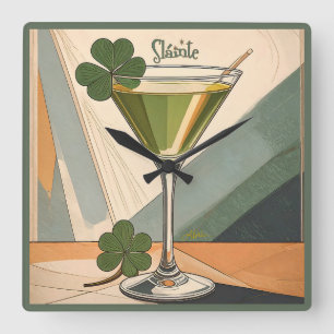 Mid Century Modern Art Shamrock Martini Sláinte! Quadratische Wanduhr