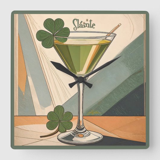 Mid Century Modern Art Shamrock Martini Sláinte! Quadratische Wanduhr (Vorderseite)