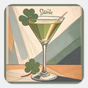 Mid Century Modern Art Shamrock Martini Sláinte!  Quadratischer Aufkleber