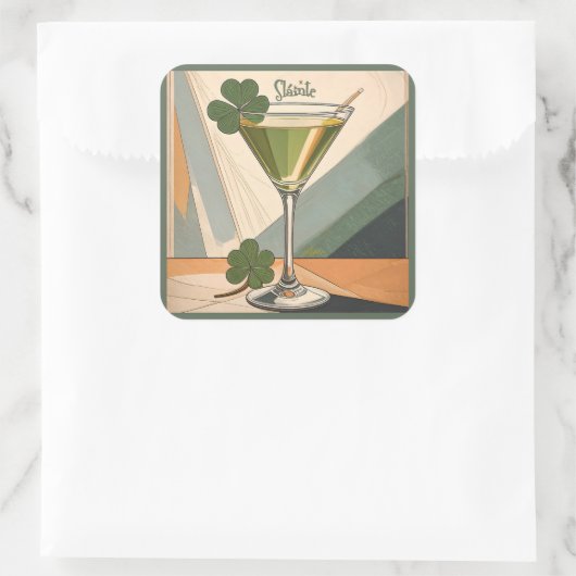 Mid Century Modern Art Shamrock Martini Sláinte!  Quadratischer Aufkleber (Tasche)