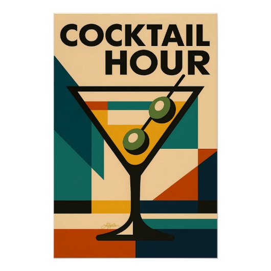 Mid Century Modern Bauhaus Cocktail Hour Martini Poster (Vorderseite)