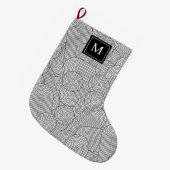 Mid Century Modern Black White Monogrammed Initial Großer Weihnachtsstrumpf (Vorderansicht (hängend))