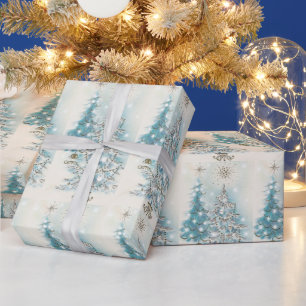 Mid Century Modern Blaue Silberne Weihnachtsbäume Geschenkpapier
