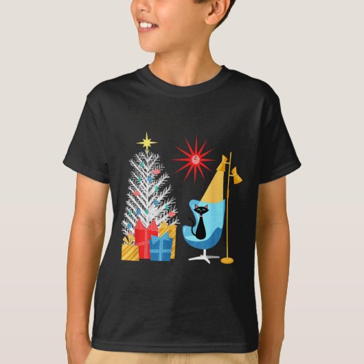 Mid-century Modern Christmas Tree And Cat In Retro T-Shirt (Vorderseite)