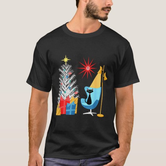Mid-century Modern Christmas Tree And Cat In Retro T-Shirt (Vorderseite)