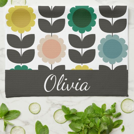  Mid-Century Modern Colored Retro Groovy Flowers  Geschirrtuch (Gefaltet)