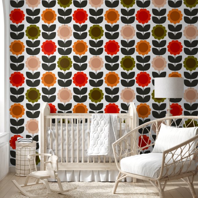  Mid-Century Modern Colored Retro Groovy Flowers  Tapete (Kinder)