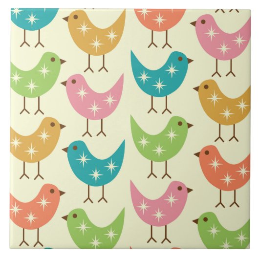 Mid Century Modern Colorful Atomic Birds Pattern Fliese (Vorderseite)