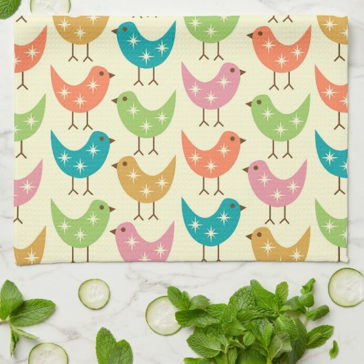 Mid Century Modern Colorful Atomic Birds Pattern Geschirrtuch (Gefaltet)