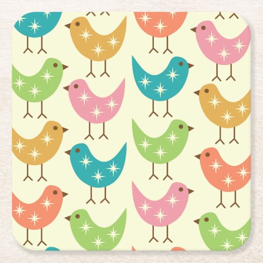 Mid Century Modern Colorful Atomic Birds Pattern Rechteckiger Pappuntersetzer (Vorderseite)