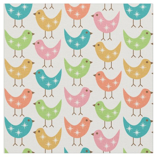 Mid Century Modern Colorful Atomic Birds Pattern Stoff (Nahaufnahme)