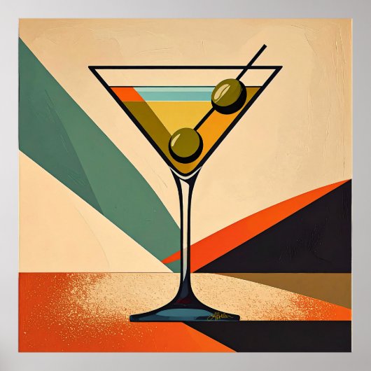 Mid Century Modern Farbblock Martini Kunst Poster (Vorne)