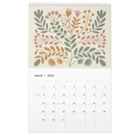 Mid Century Modern Floral 2026 Retro Folk Art Wall Kalender (Mär 2026)