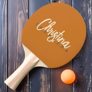 Mid-Century Modern Gebrannte Honig bemalte Name Tischtennis Schläger