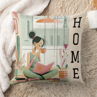 Mid Century Modern Gemütliches Mädchen liest Buch Kissen
