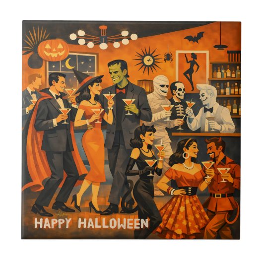 Mid Century Modern Halloween Martini-Party Fliese (Vorderseite)