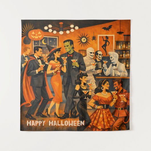 Mid Century Modern Halloween Martini-Party Wandteppich (Vorderseite)