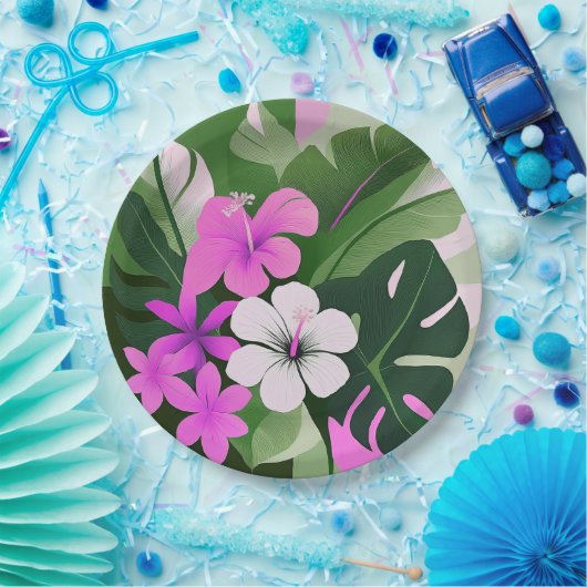 Mid-Century Modern Hawaiian Hibiscus and Plumeria Pappteller (Party)