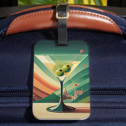 Mid Century Modern Martini Reise Kathedralblick Gepäckanhänger (Vorderseite Insitu 2)