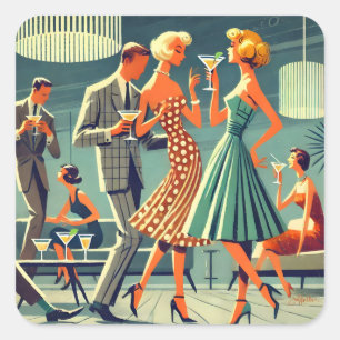 Mid Century Modern Martini Tanz Cocktailparty Quadratischer Aufkleber