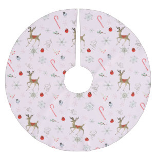 Mid Century Modern Meise und süßer Hirsch Polyester Weihnachtsbaumdecke