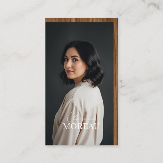 Mid-century Modern Minimal Woodgrain Photo QR Code Visitenkarte (Vorderseite)