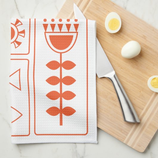 Mid Century Modern Orange Bird, Fish and Flowers K Geschirrtuch (Viertel Falte)