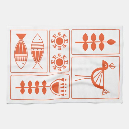 Mid Century Modern Orange Bird, Fish and Flowers K Geschirrtuch (Horizontal)