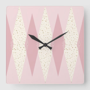 Mid Century Modern Pink Argyle Square Wall Clock Quadratische Wanduhr