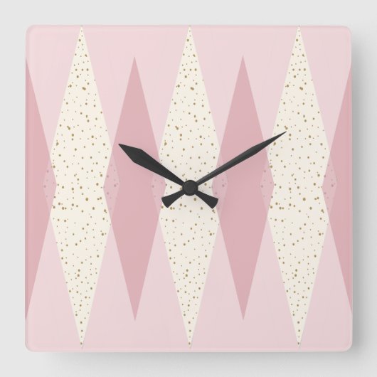 Mid Century Modern Pink Argyle Square Wall Clock Quadratische Wanduhr (Vorderseite)