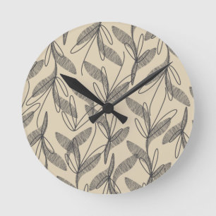 Mid Century Modern Retro Botanical Grau Beige Runde Wanduhr