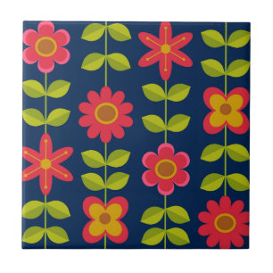 Mid Century Modern rote Blumen mit Blättern   Fliese